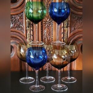 7pc 10oz Vntg Mouthblown Wine Globes 3-Topaz Amber, 2-Blue, 1-Green Glasses